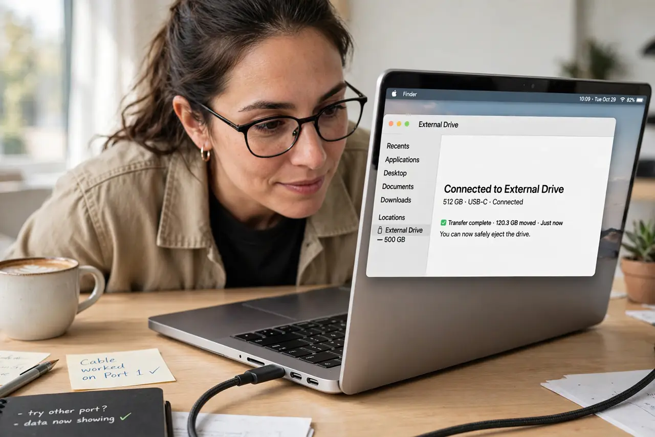 A person looking closely at the side of a real MacBook showing the identical oval ports, a cable plugged into one, the person's face puzzled then understanding, bright.