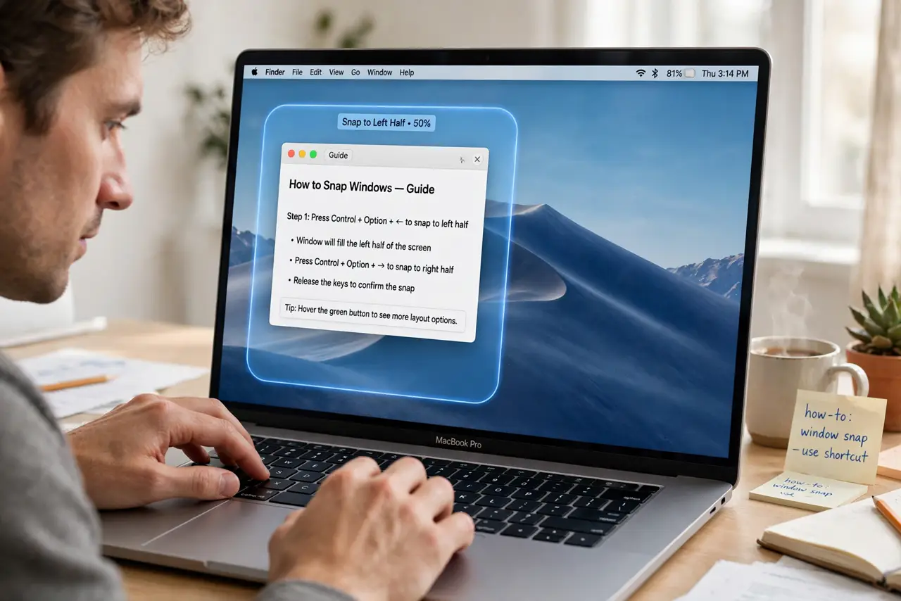 a person's hands on a real Mac keyboard pressing shortcut keys, the Mac screen showing a window snapping into the left half with a visible tile outline, the ...