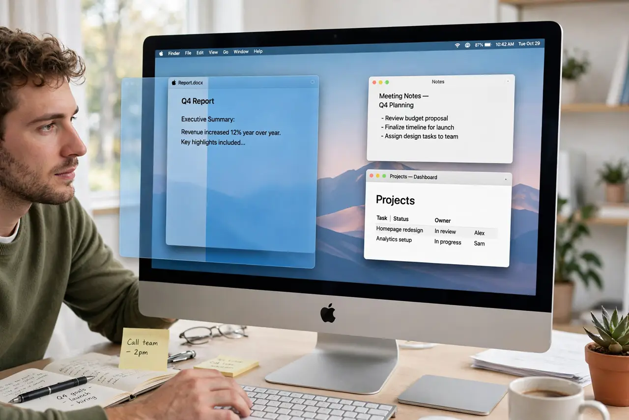 A person performing the first step: Drag to an edge. Drag a window to the left or right edge until the translucent.