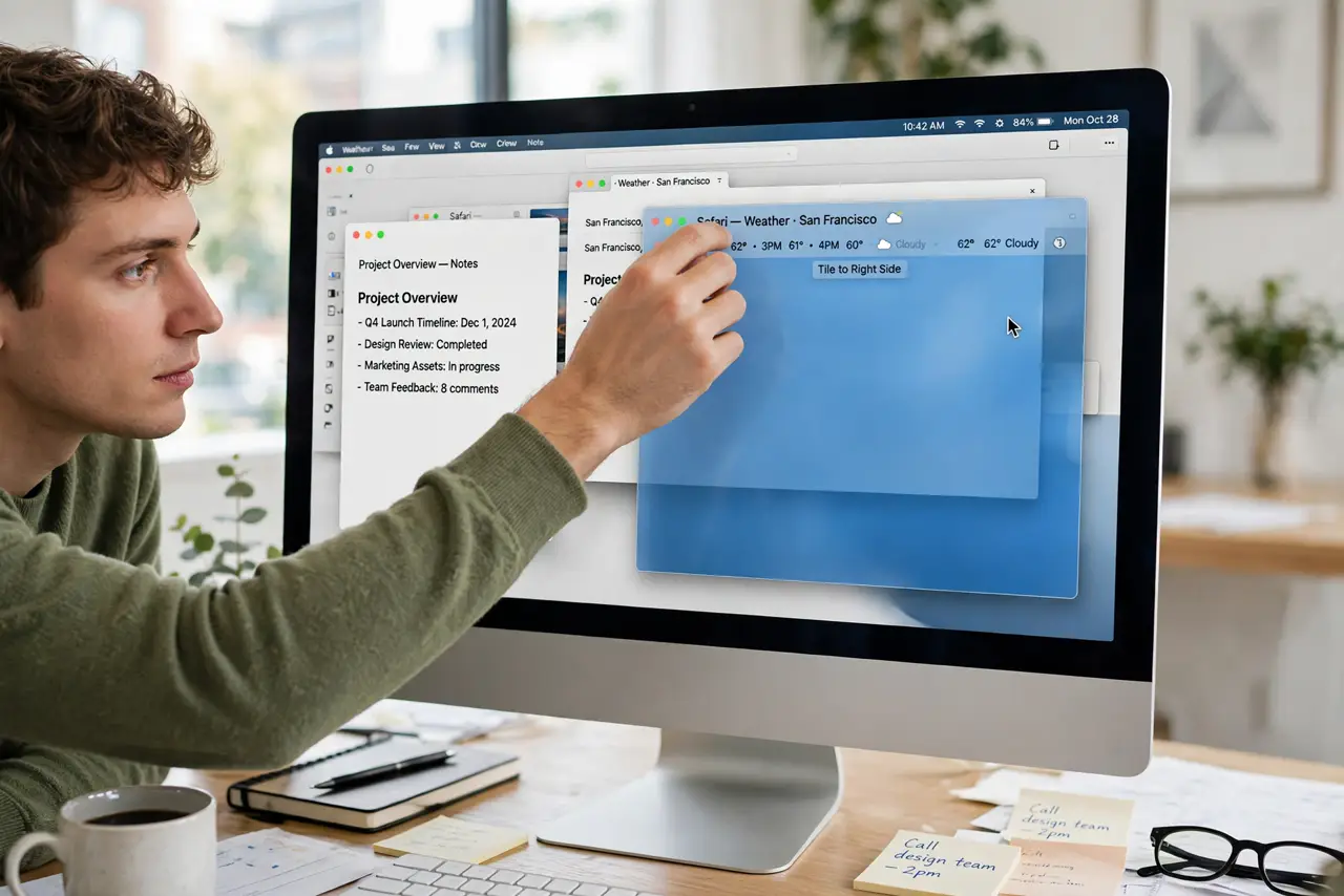 A person dragging a window to the screen edge on a real Mac with the tiling highlight visible and other tiled windows