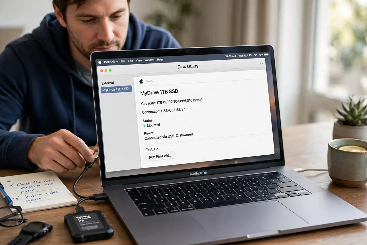 A person performing the first step: Check the drive connection and power.