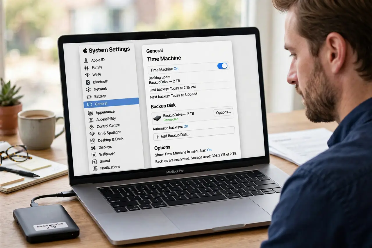 a calm adult at a desk with a real Mac laptop and a real external backup drive connected, the macOS Time Machine settings screen clearly visible and legible on the real Mac screen.