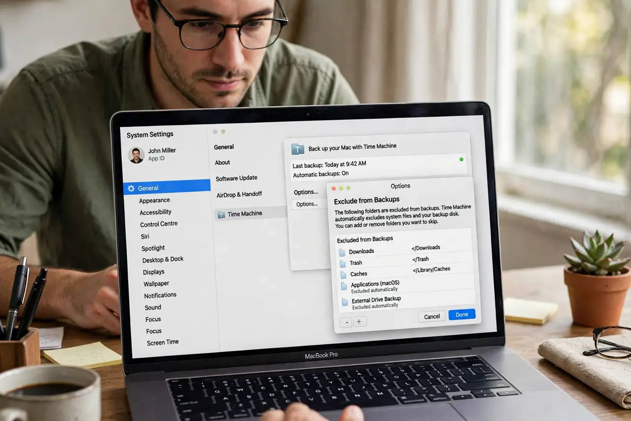 Time Machine Excludes a Folder Silently — step 1 being performed on the device.