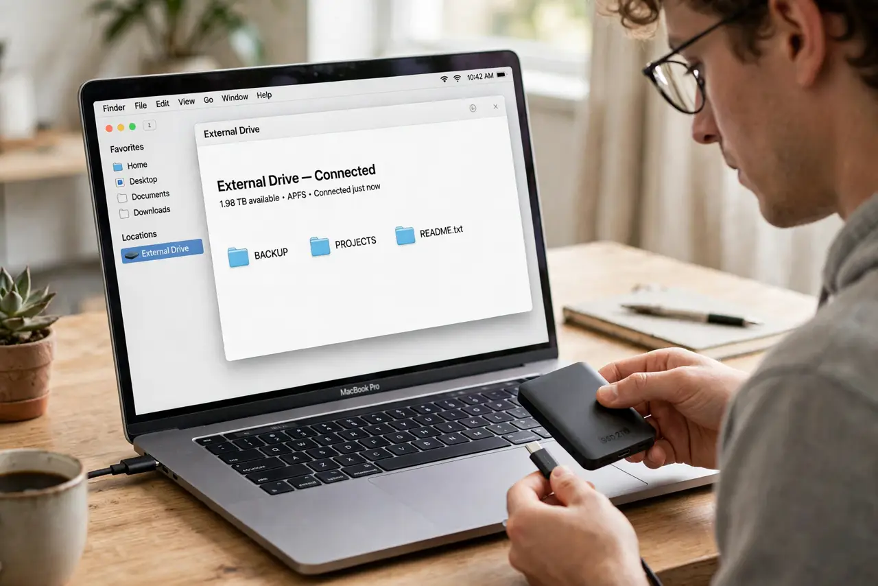 A person carrying out step one: connect the new drive.