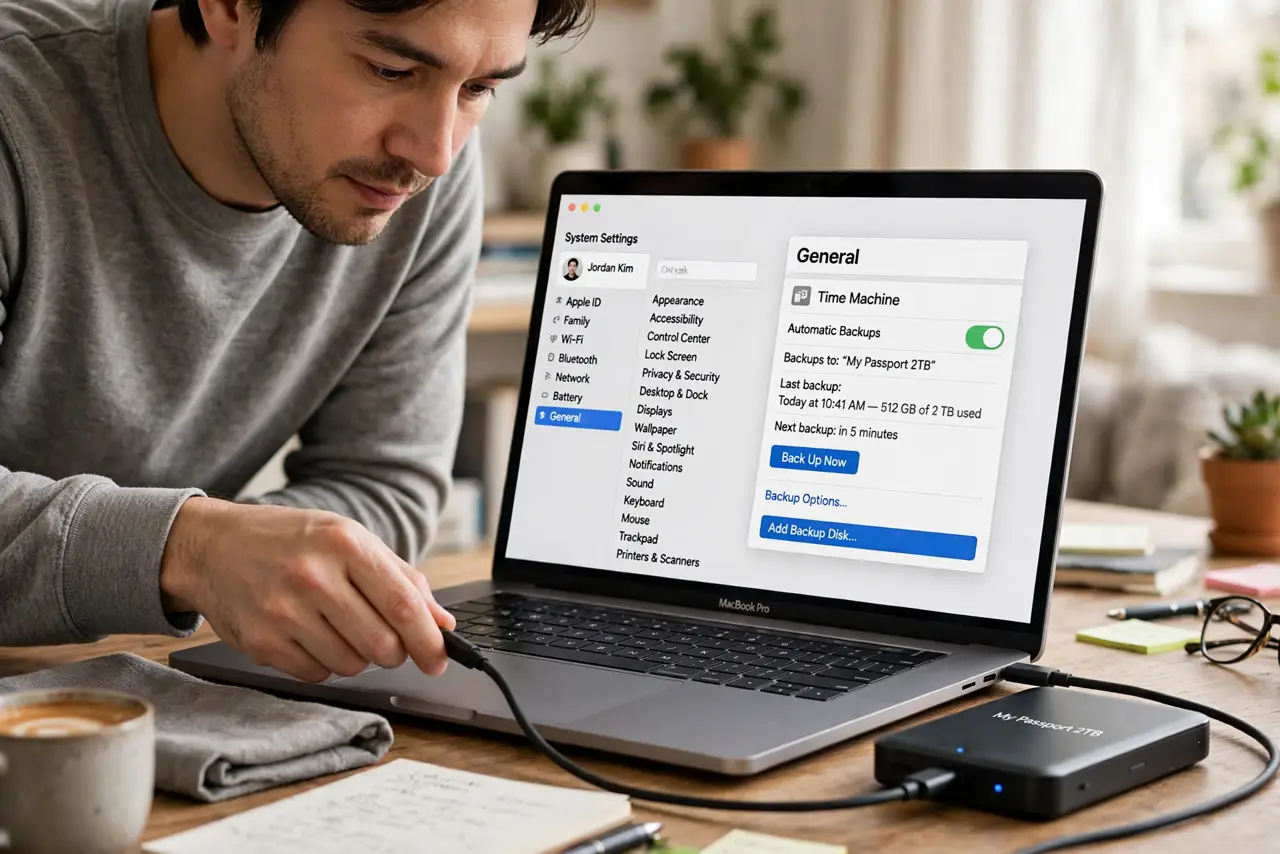 A person connecting a real external hard drive to a real MacBook, the screen showing the Time Machine settings page legibly, the person's face calm and…