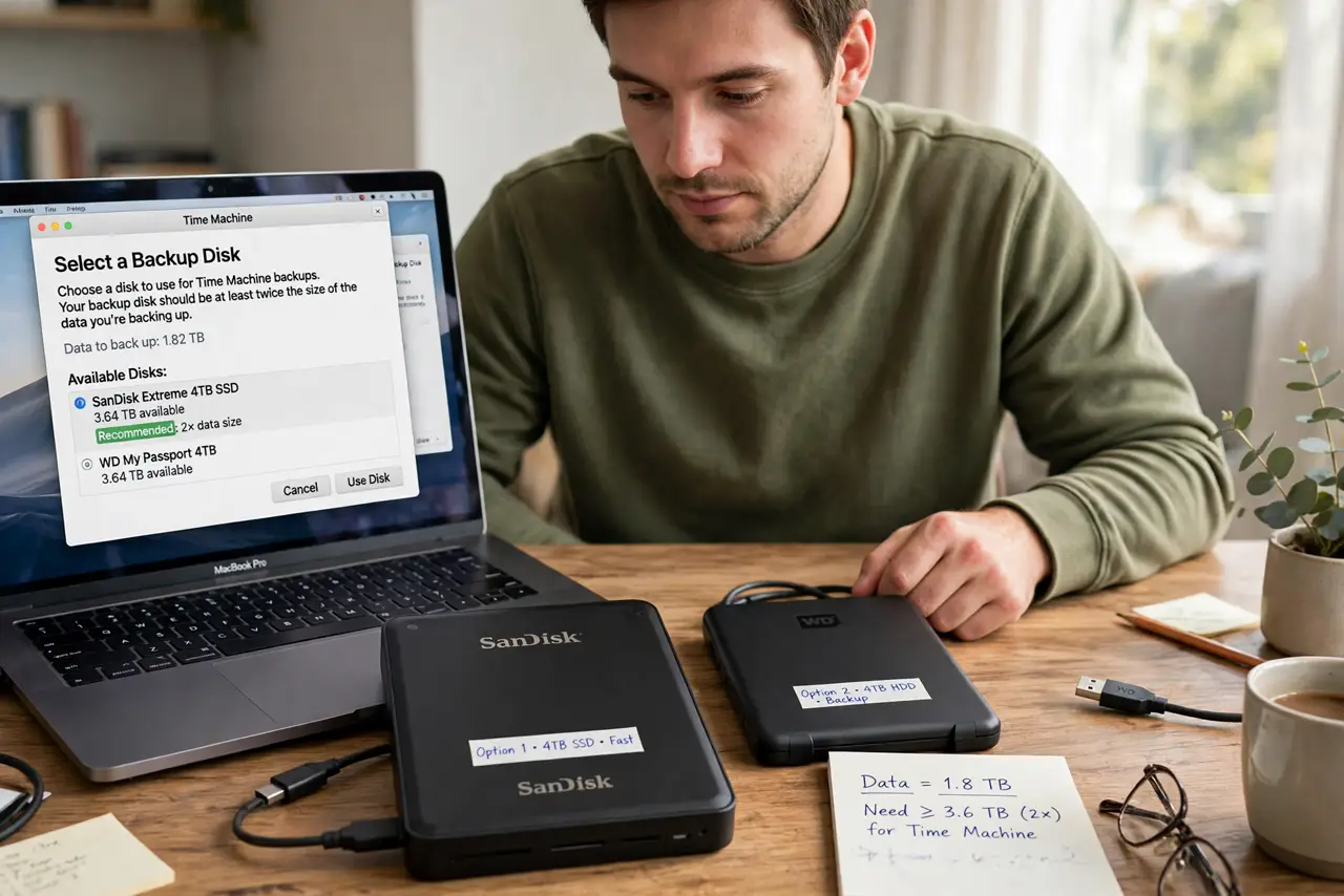 A person performing the first step: Get a dedicated external drive. Time Machine wants its own drive — ideally twice.