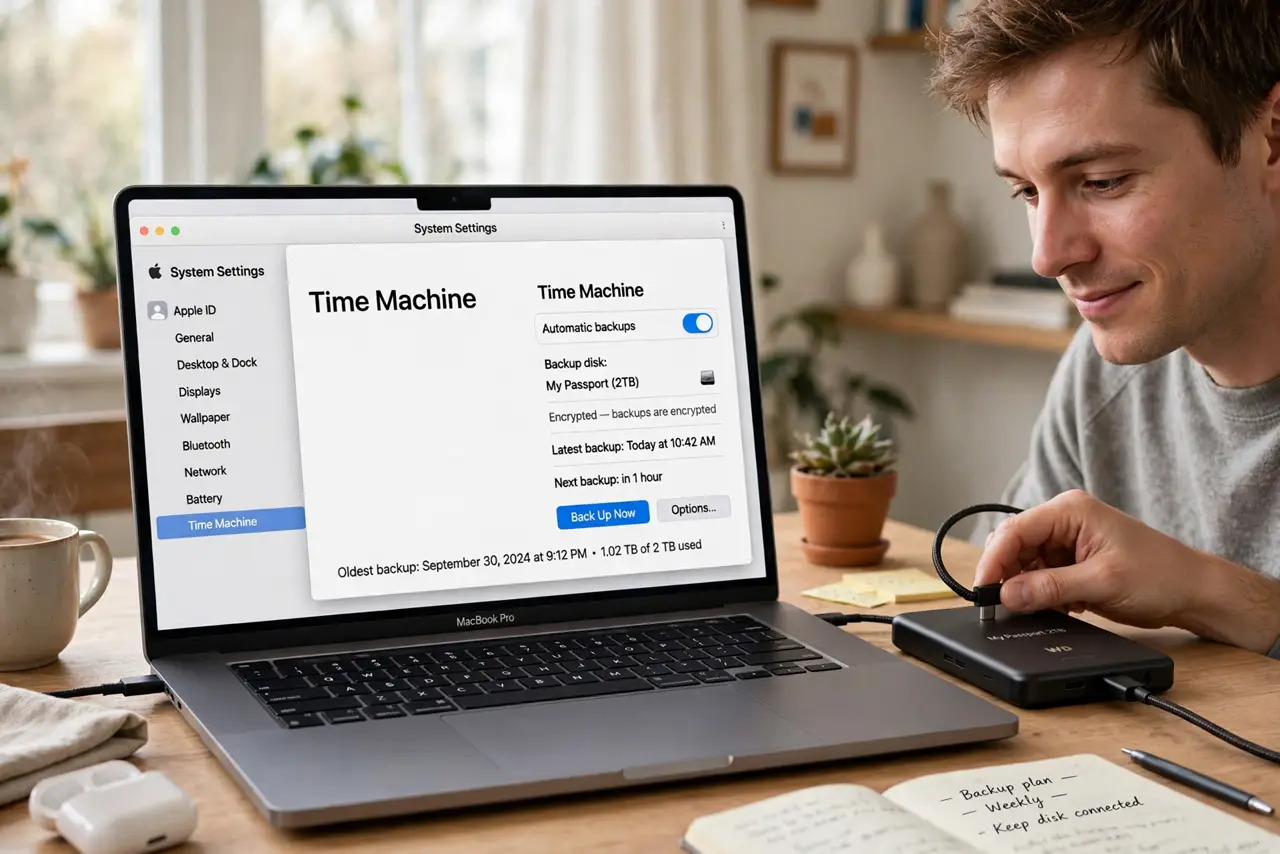 A person connecting a real external hard drive to a MacBook with a cable, the laptop screen showing Time Machine