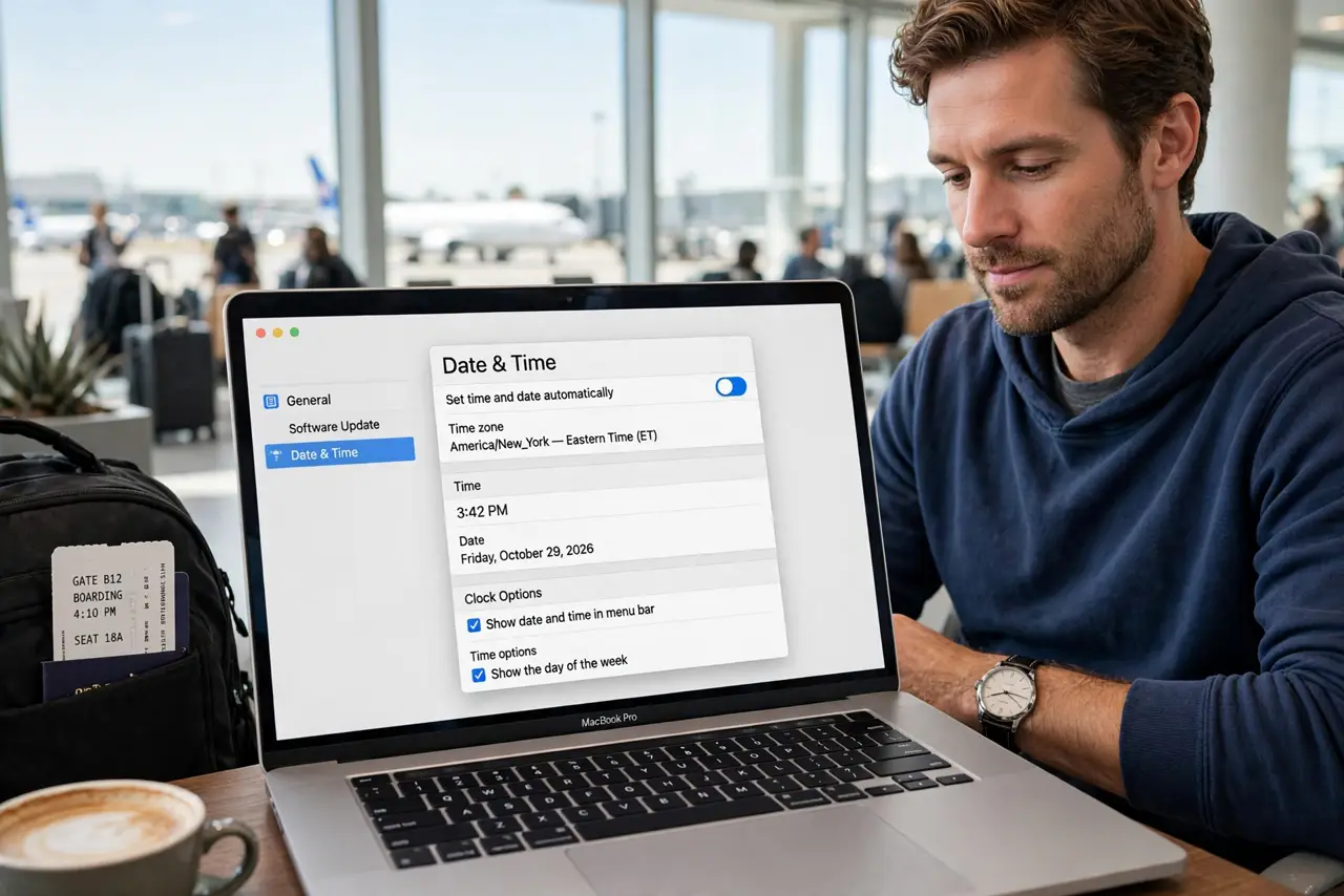 a relaxed adult traveling with a real Mac laptop open, Date and Time settings visible on the real screen complete and legible, the person checking the clock calmly.