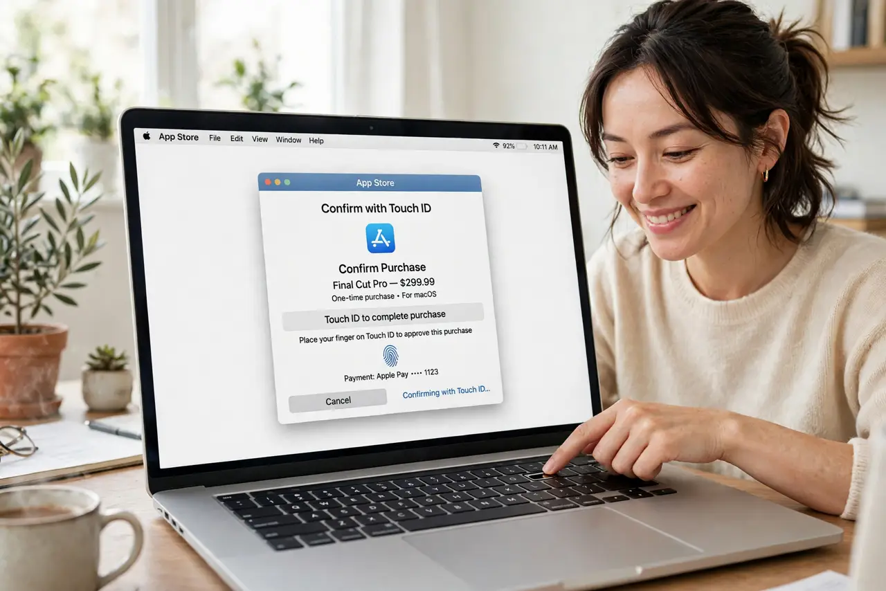 a person using a real MacBook with the App Store checkout prompt showing Touch ID confirmation with legible text, the person's finger on the Touch ID sensor, the person's face pleased, bright home office.