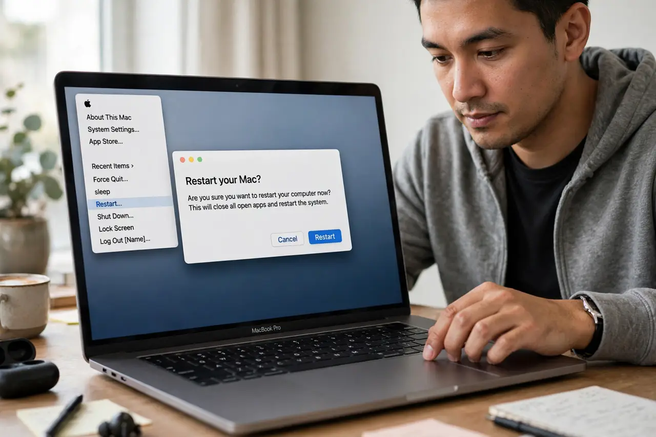 A person performing step 1 of the guide: Restart the Mac first. A restart after the update often wakes the sensor driver. Test Touch ID once after a clean restart before changing...
