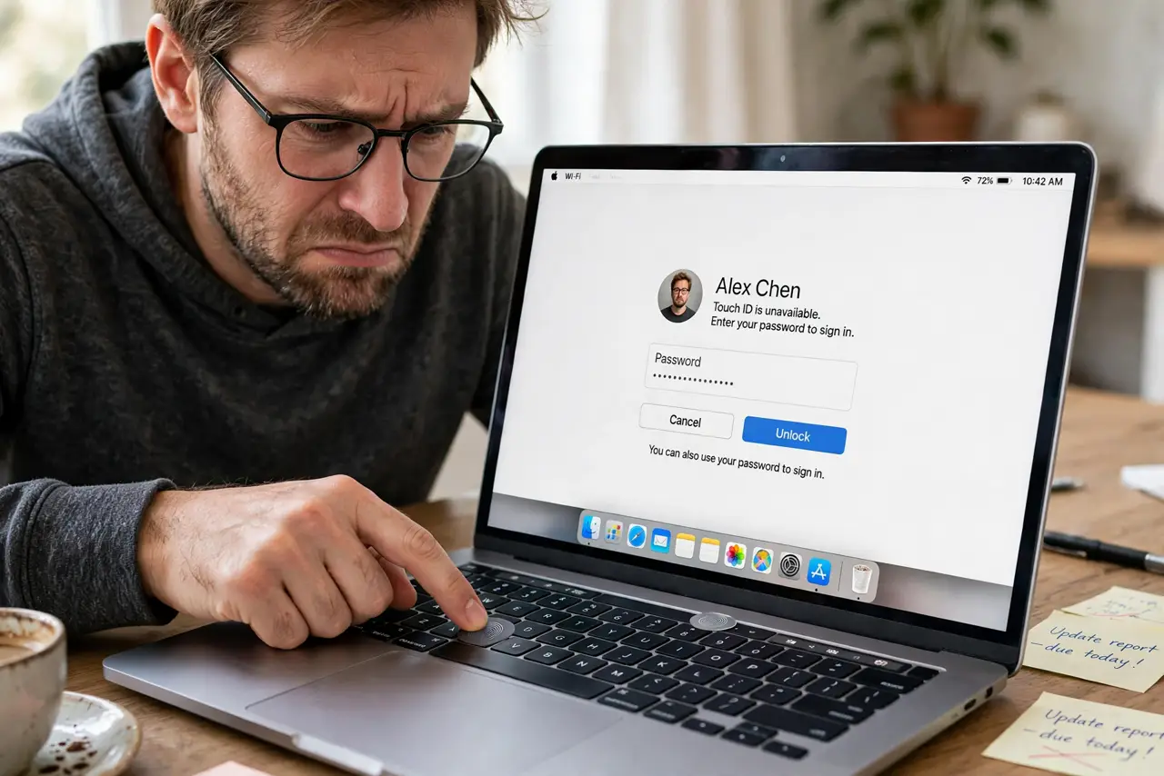 a frustrated adult pressing a finger on the real Touch ID sensor of a MacBook, the login screen showing fully legible text asking for a password instead.