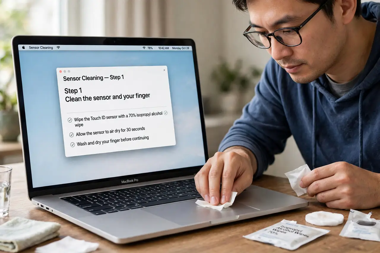 A person performing the first step: Clean the sensor and your finger.