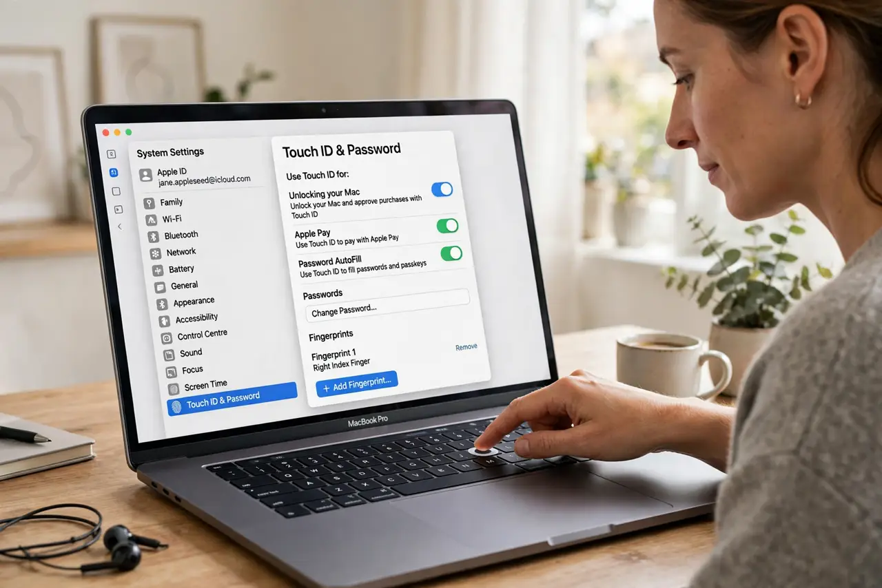 a calm adult pressing Touch ID on a real Mac laptop keyboard at a desk, the macOS Touch ID and Password settings screen clearly visible and legible on the real Mac screen.