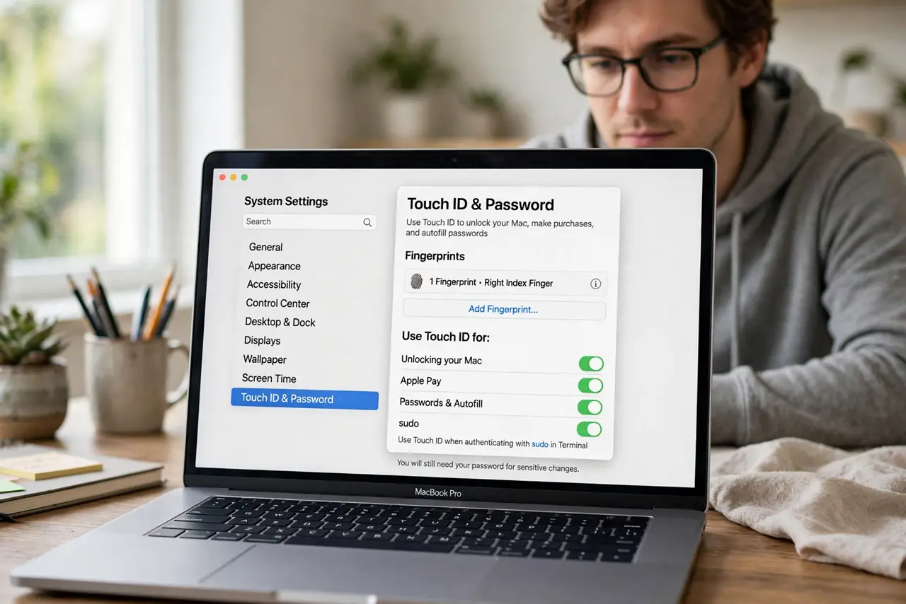A person performing step 1: Confirm Touch ID is set up first. Open System Settings, then Touch ID and Password, and make sure at least one.