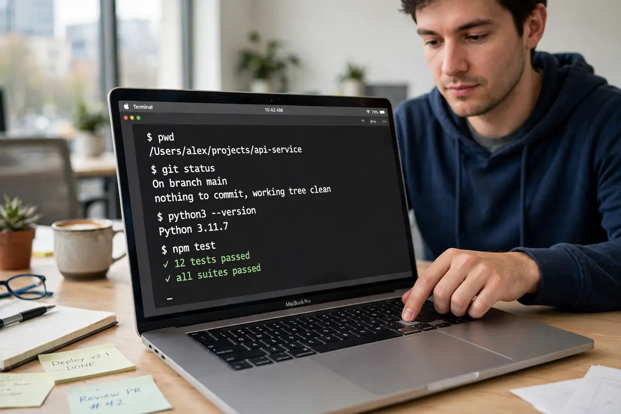 A person using a MacBook with Terminal open on screen showing legible text, the person's finger resting on the Touch ID sensor of the keyboard, office desk, the.