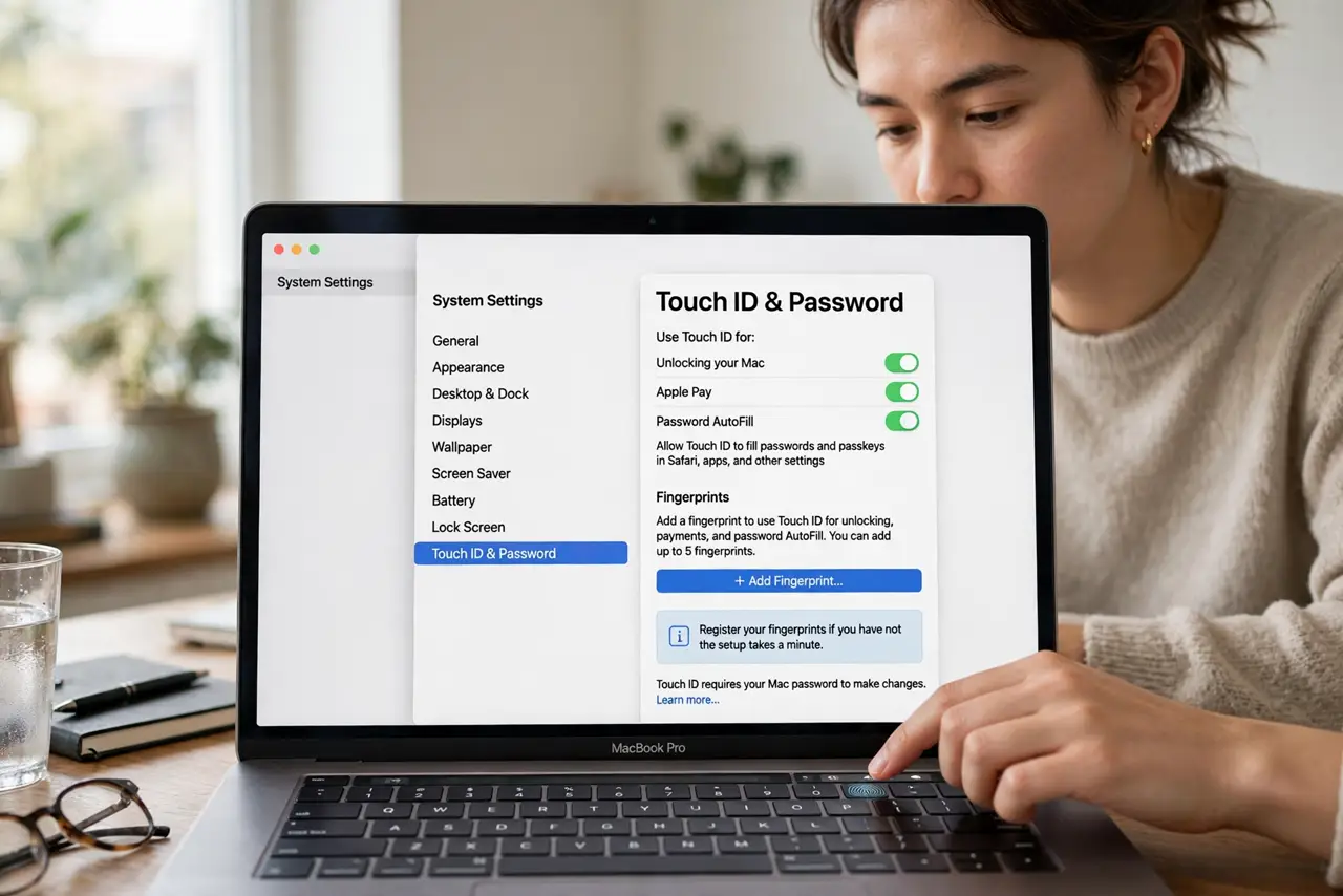 A person performing the first step of the guide: Enable Touch ID for passwords. Go to System Settings, Touch ID and Password, and make sure password AutoFill.
