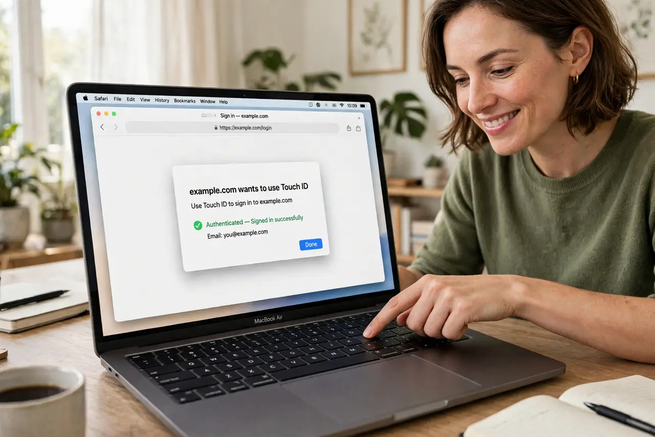 A person touching Touch ID on a real MacBook while a real Safari window shows a login prompt with Touch ID approval legible, the person's face.