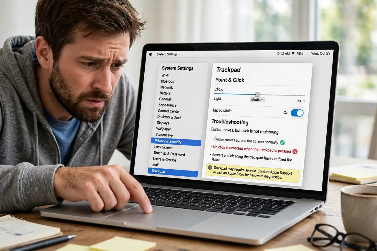 Trackpad Click Stopped Working on Mac — a concerned adult pressing a MacBook trackpad that will not click, the pointer moving but no click registering