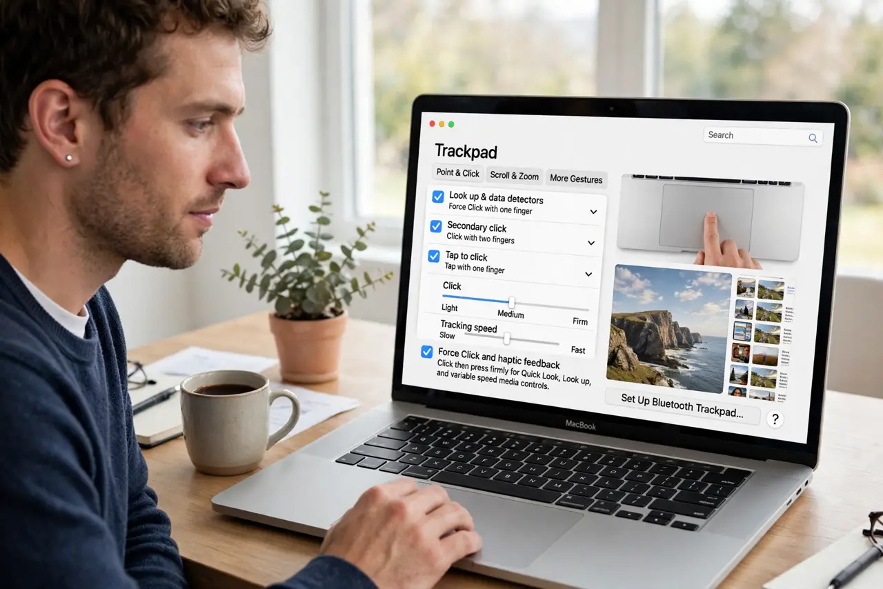 A person calmly performing the guide's first step: Open Trackpad settings.