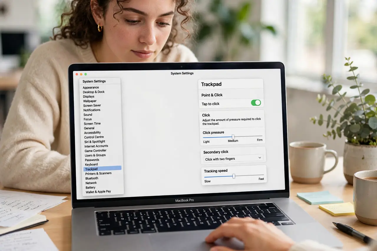 a person's hand on a real Mac trackpad, the Trackpad settings open on screen showing click pressure options, the person's face focused, bright desk. No black screen, no blank white.