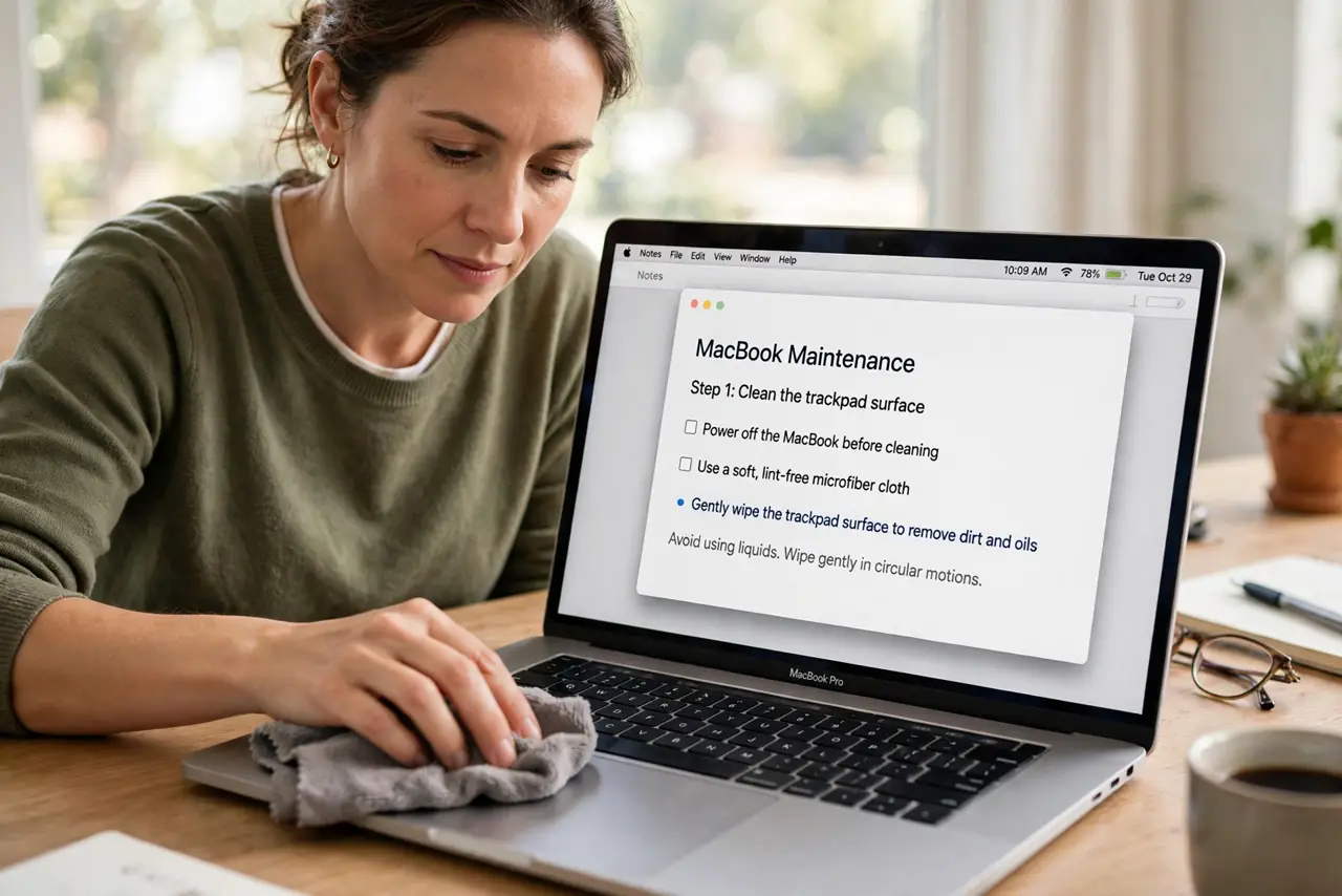 A person performing the first step: Clean the trackpad surface.