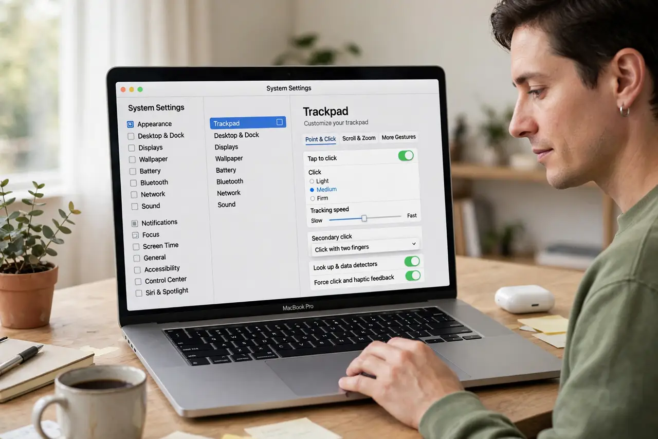 a calm adult using the trackpad on a real Mac laptop at a desk, the macOS Trackpad settings screen clearly visible and legible on the real Mac screen.