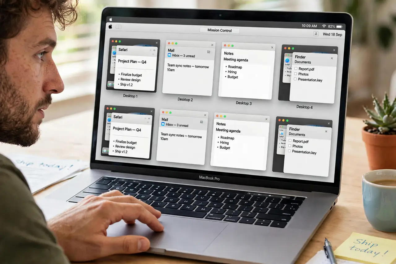 A person's hand performing a three-finger swipe on a real MacBook trackpad, the screen showing Mission Control with multiple desktops legible, the person's…
