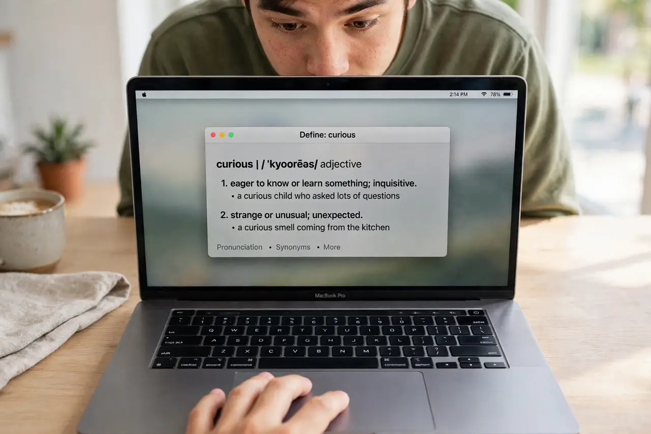 A person's three fingers tapping a word on a real MacBook trackpad, the Look Up dictionary popup showing the definition fully legible on screen, the person's face curious.