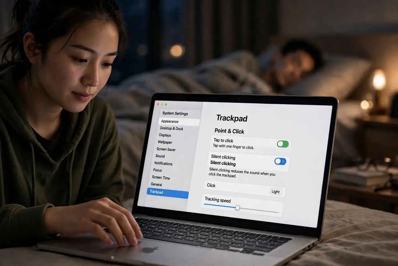 A person clicking a real MacBook trackpad gently at night in a dim room, the Silent clicking setting visible on screen fully legible, a sleeping person blurred in the background, the clicker looking considerate.