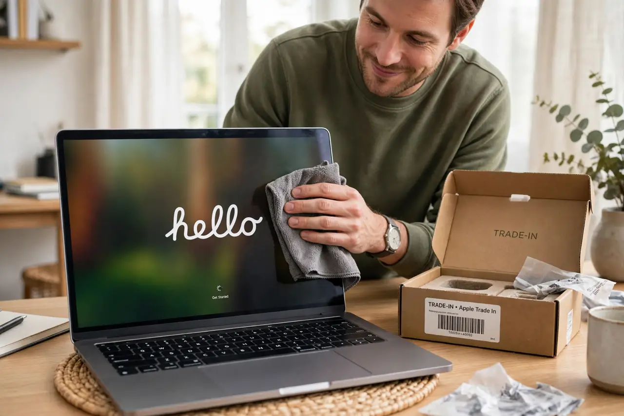 a person wiping a real MacBook clean with a microfiber cloth, the screen showing the legible hello setup screen, trade-in box nearby, the person's face satisfied, home office.
