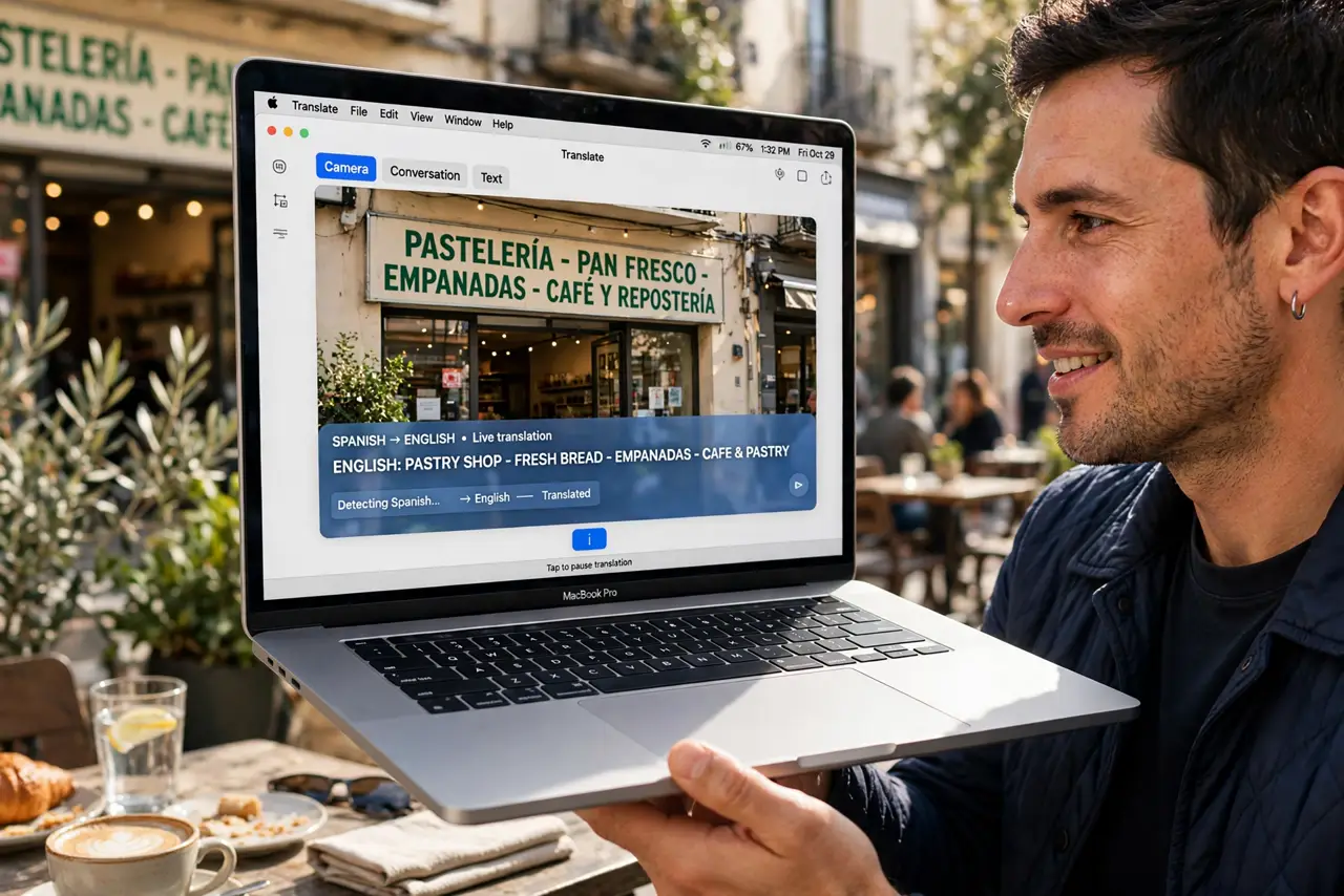 a person pointing a real MacBook camera at a foreign-language sign with the Translate app showing legible translated text, the person's face enlightened, bright street café. No bla.