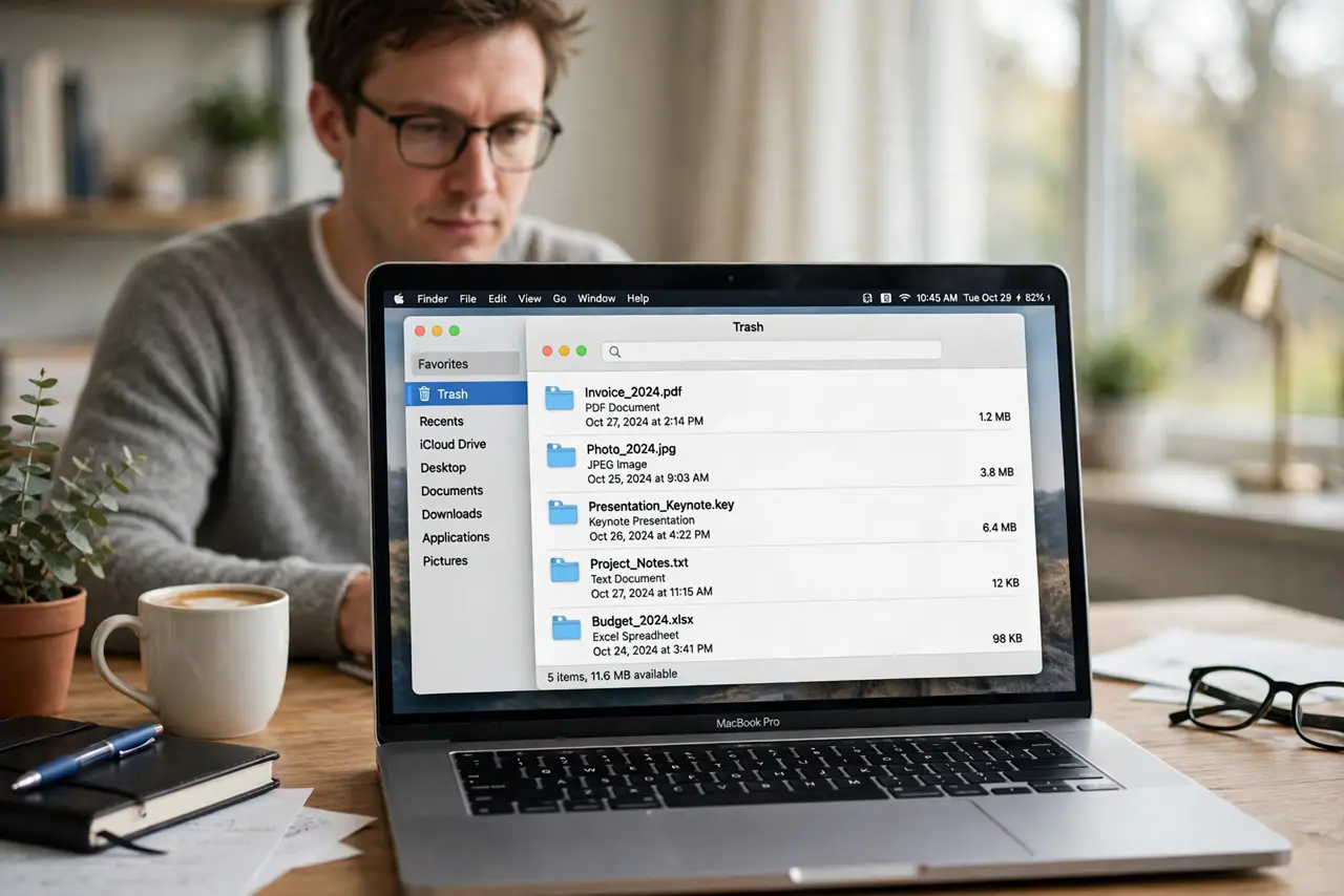 a calm adult at a desk with a real Mac laptop, the Finder Trash window with files clearly visible and legible on the real Mac screen.