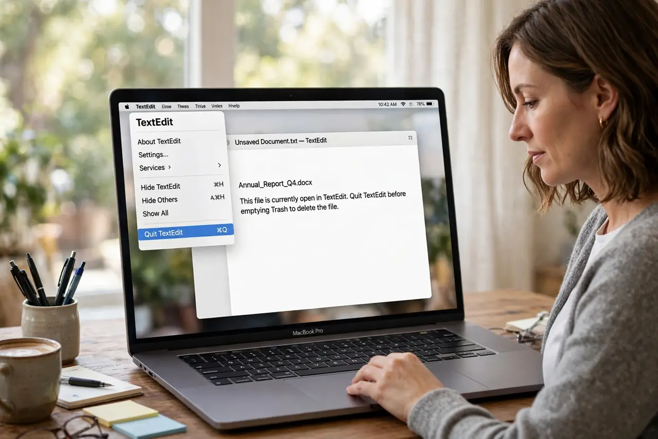 A person performing step 1 of the guide: Quit the likely app. Quit the application that created or last opened the file — a document held open by its app cannot be trashed. Then ...