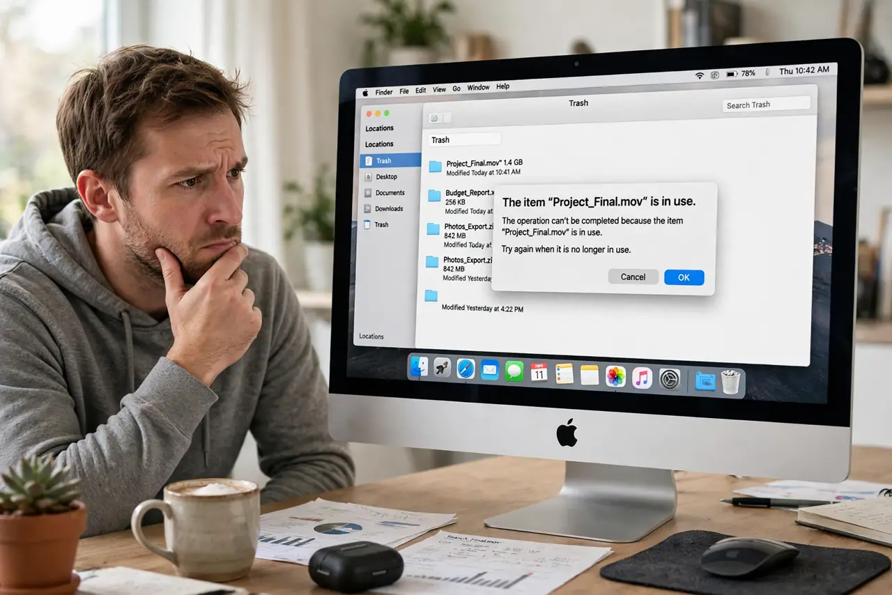 a frustrated adult looking at a real Mac showing the Trash window with the 'file in use' error dialog and fully legible text.