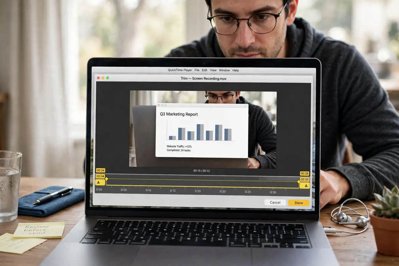 A person trimming a screen recording in QuickTime Player on a real MacBook, the yellow trim handles on the timeline fully legible, the person's face focused.