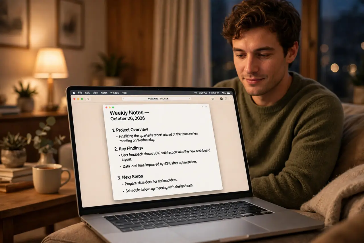A person reading on a MacBook in a warmly lit living room in the evening, the screen showing a document with legible
