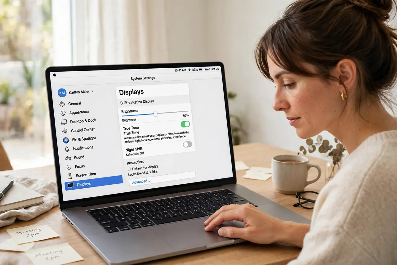 A person performing step 1: Open the Displays settings. Go to System Settings, then Displays. The True Tone toggle sits in the display opt.
