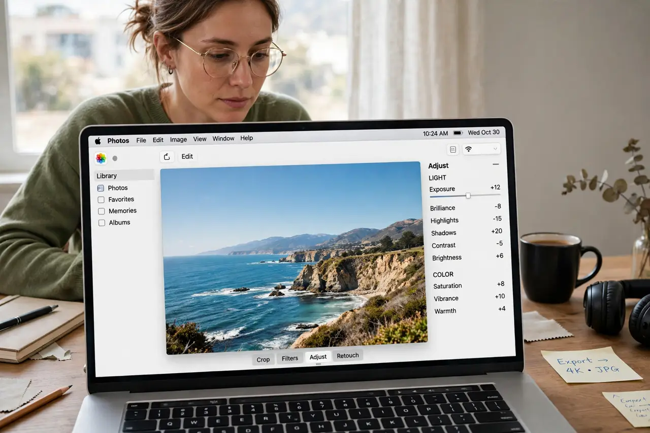 A person doing photo editing on a real MacBook showing a photo with accurate colors legible on screen, the room lighting neutral, the person's face focused, desk setup.