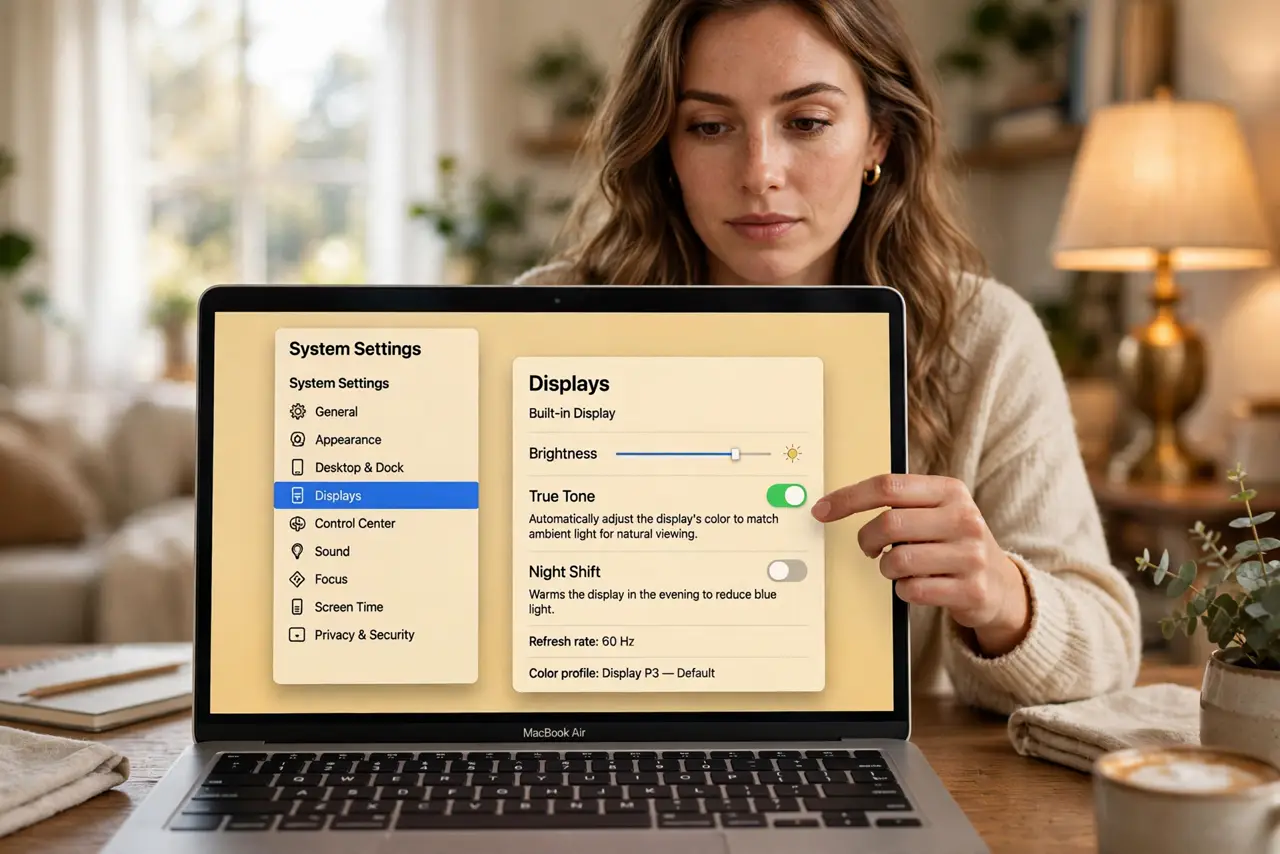 a person toggling True Tone in real Mac display settings, the screen color visibly shifting warmer, the person's face observant, warm living room lamp light. No black screen, no bl.
