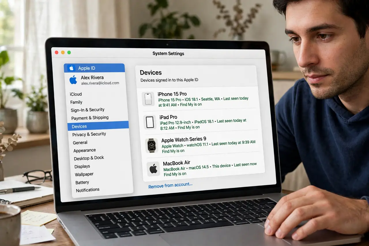 A person performing the first step: Open your Apple ID device list. In System Settings, click your Apple ID at the top.