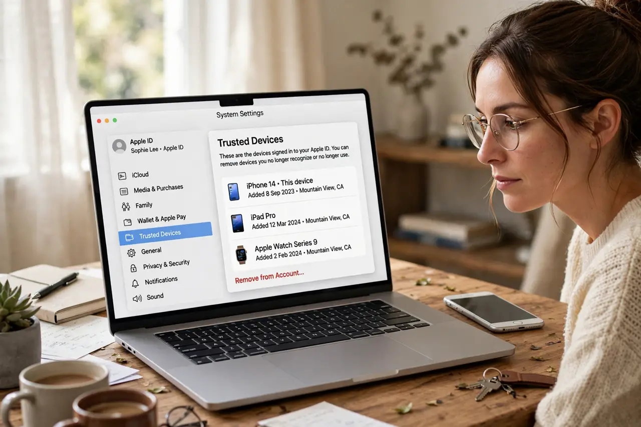 A person checking a trusted device list on a MacBook screen with device entries legible, an old iPhone sitting beside