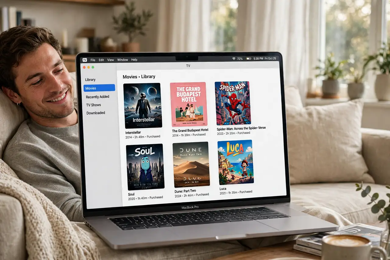 A person relaxing on a couch with a real MacBook showing the TV app with a legible movie library, the person's face relaxed and entertained, cozy living room…