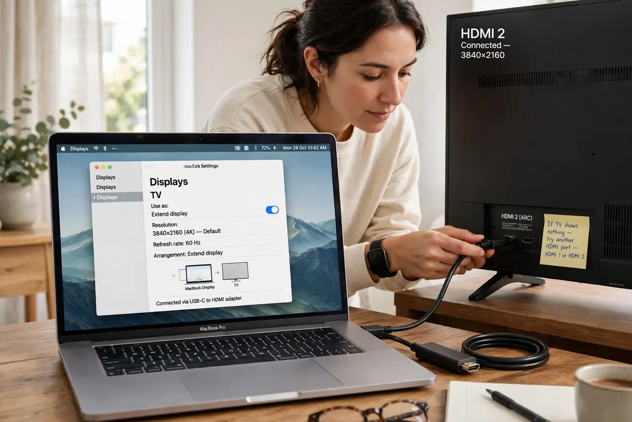 A person performing step 1: Connect with a proper HDMI cable. Plug the Mac into the TV's HDMI port with a good cable and adapter. If the T.
