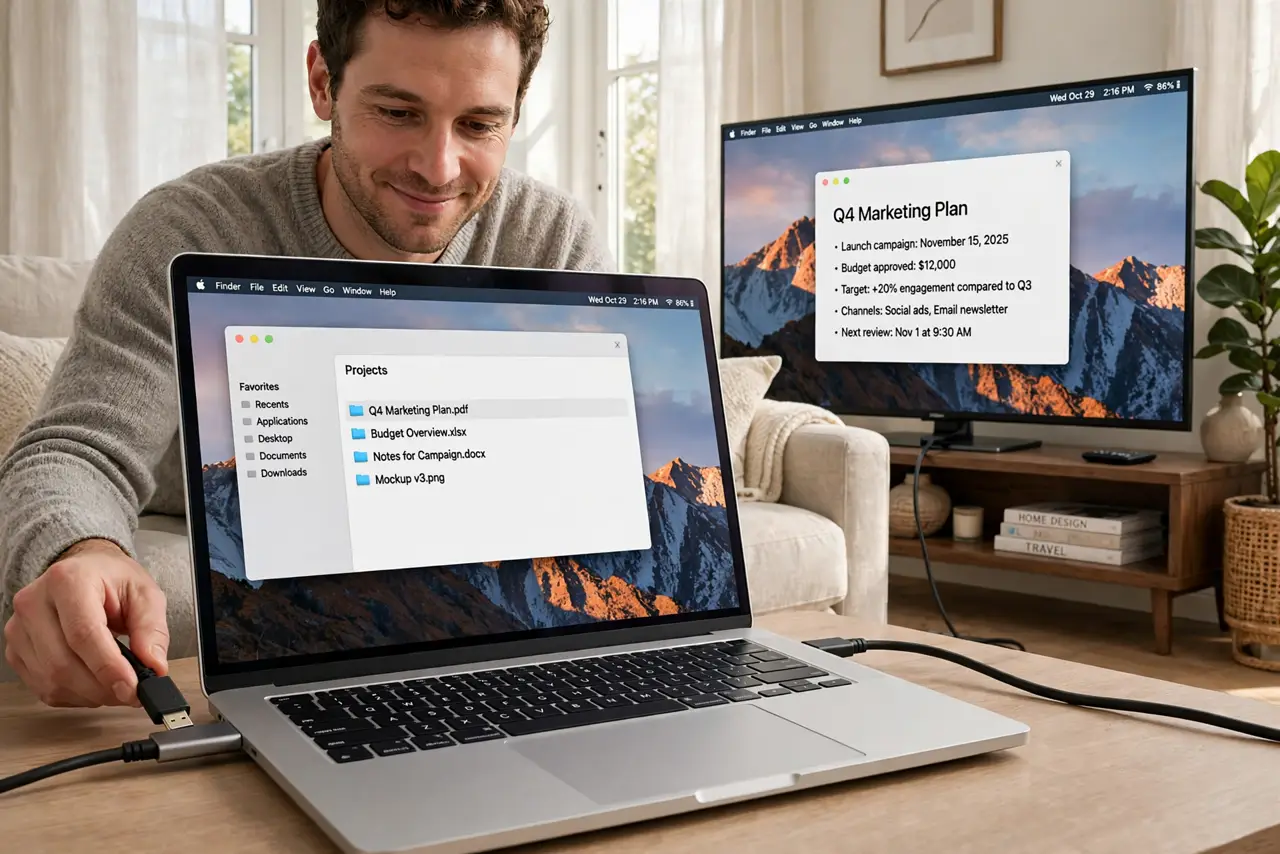 A person connecting a real MacBook to a real large TV showing a crisp desktop with legible text and windows, an HDMI cable visible, the person's face satisfied,.