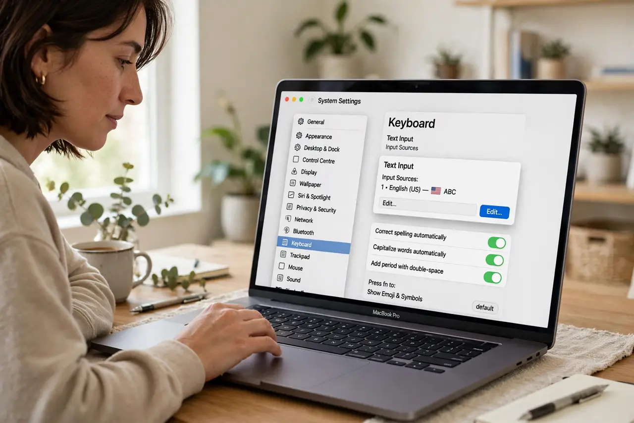 Photoreal photo of a person performing the first step: Open the keyboard input settings. Go to System Settings > Keyboard > Text Input > Edit. This...