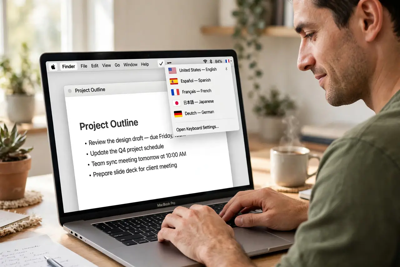 Photoreal photo: a person typing on a real Mac laptop with the input source flag menu open in the menu bar showing multiple languages legible, the person's face focused, bright home office. No black screen, no blan...