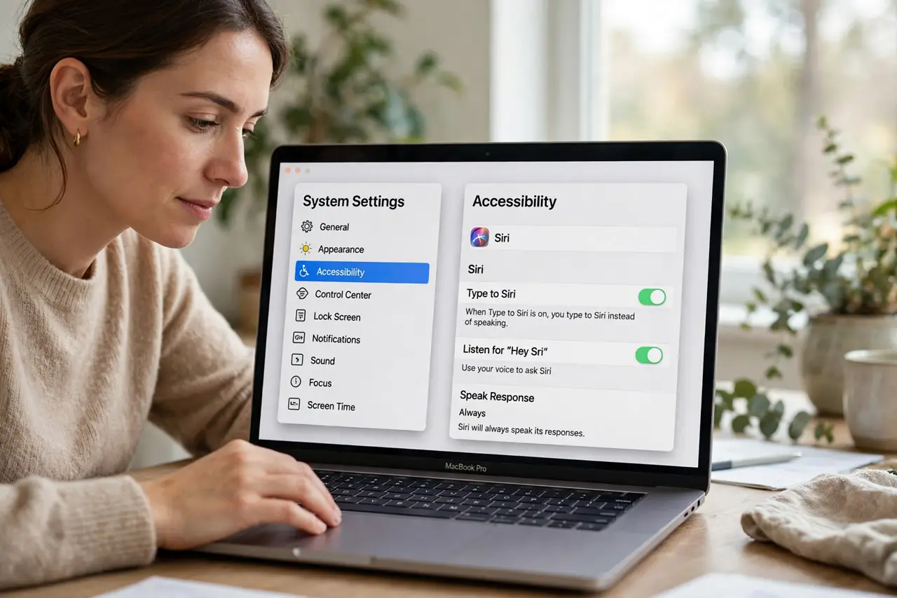 A person performing the guide's first step: Enable Type to Siri. Open System Settings, go to Accessibility, then Siri, and turn on Type to Siri. This changes Siri's input from…