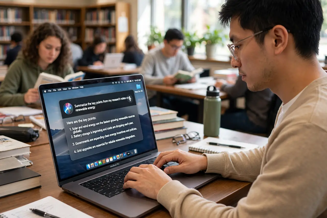 A person typing on a real MacBook in a quiet library, a Siri text input window with legible text on screen, other people studying softly in the background, the person's face focused.
