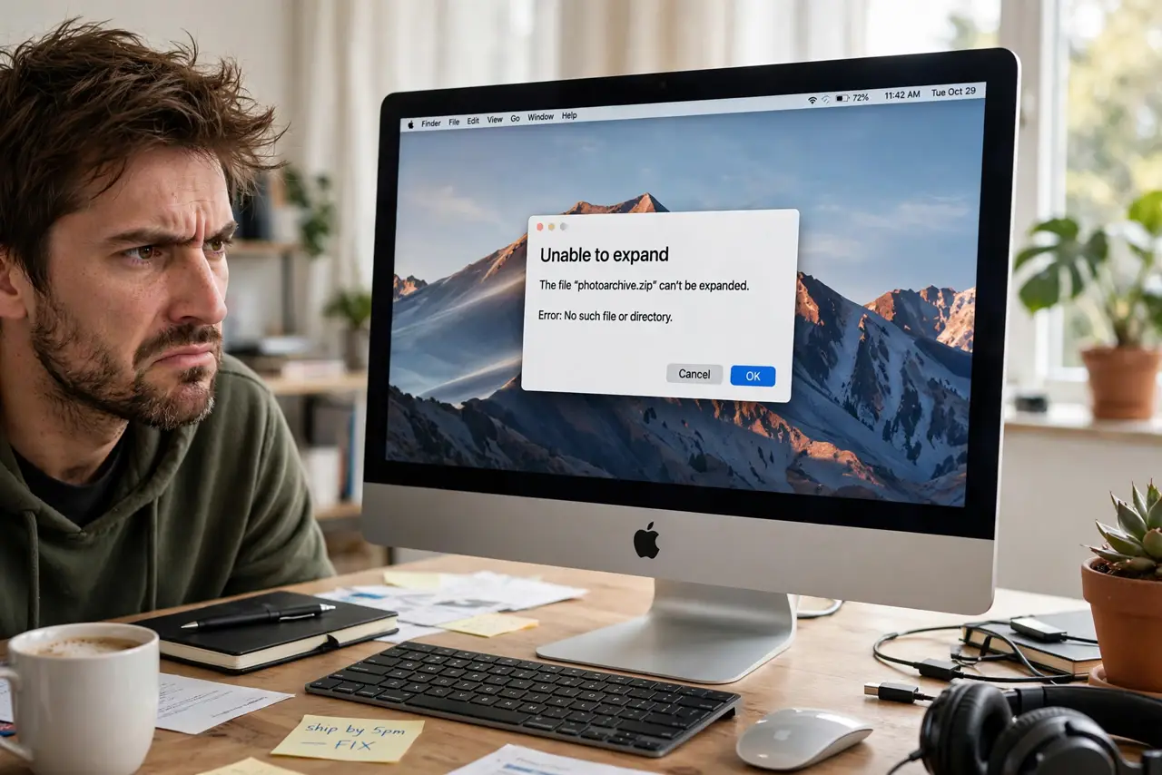A frustrated person looking at an error dialog on a real Mac with the 'Unable to expand' message legible on screen, the