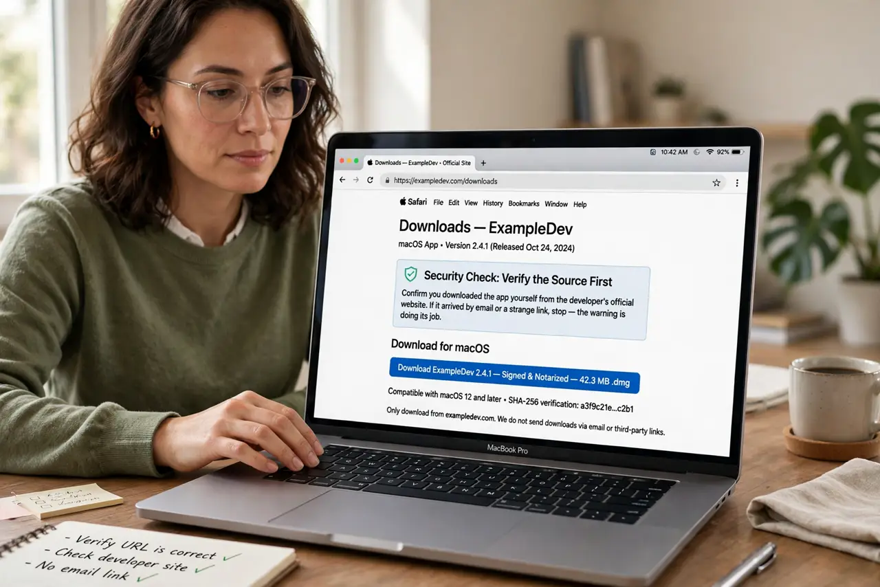 A person performing step 1 of the guide: Verify the source first. Confirm you downloaded the app yourself from the developer's official website. If it arrived by email or a stran...
